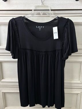 LOFT Black Ruffle Yoke Short Sleeve Top